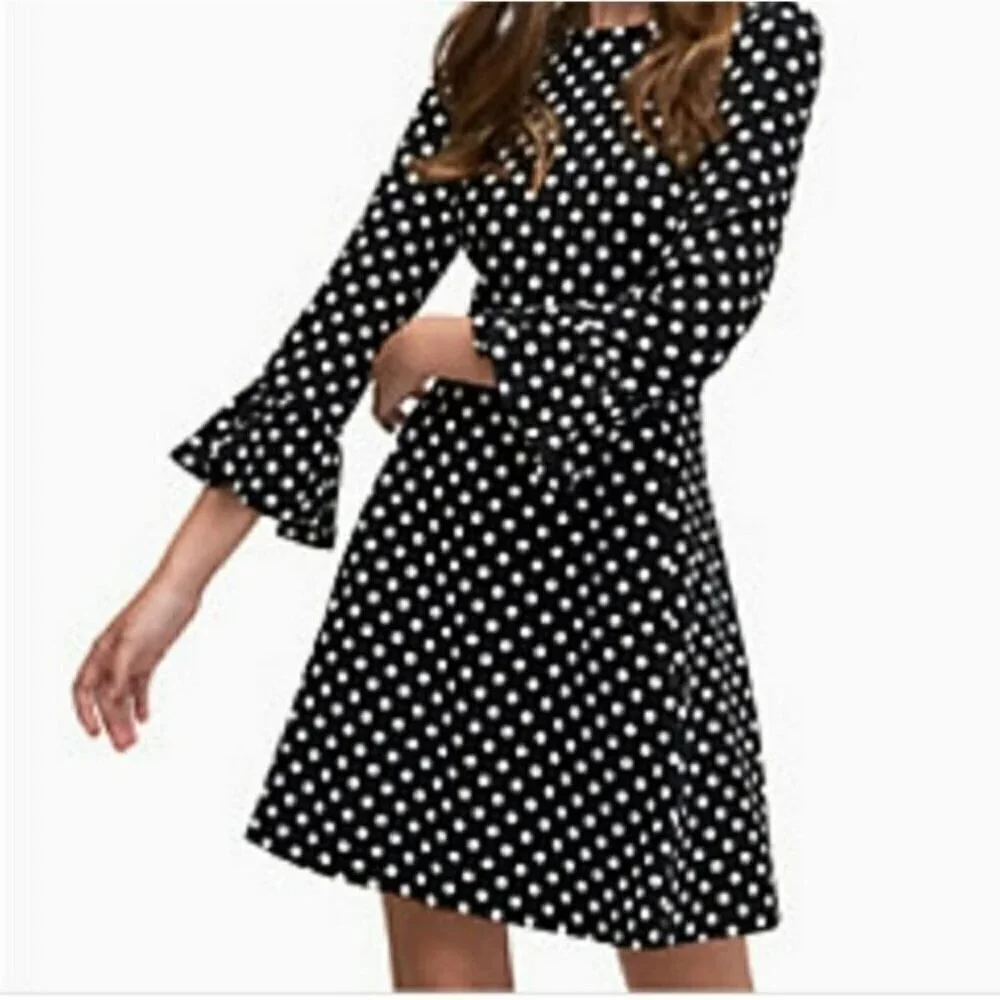 Kate Spade Lia Dot Ponte Dress Black White Polka Dot Flounce Sleeves Size XS